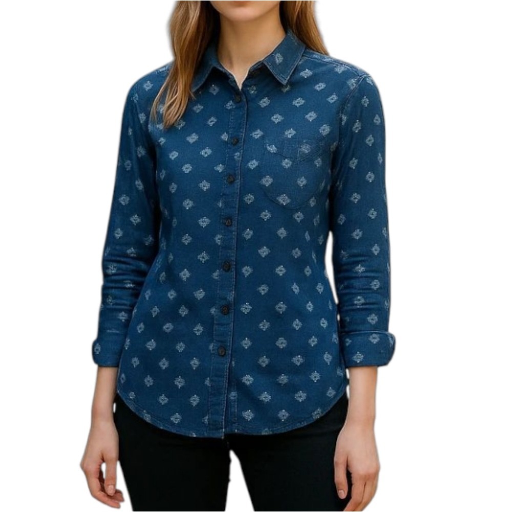 Uniqlo Shirt Women's Medium Blue Geometric Medallion Print Button Up Long Sleeve